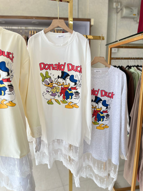 Summer Casual Printed Full Sleeves Lace Detail T-Shirts Dress